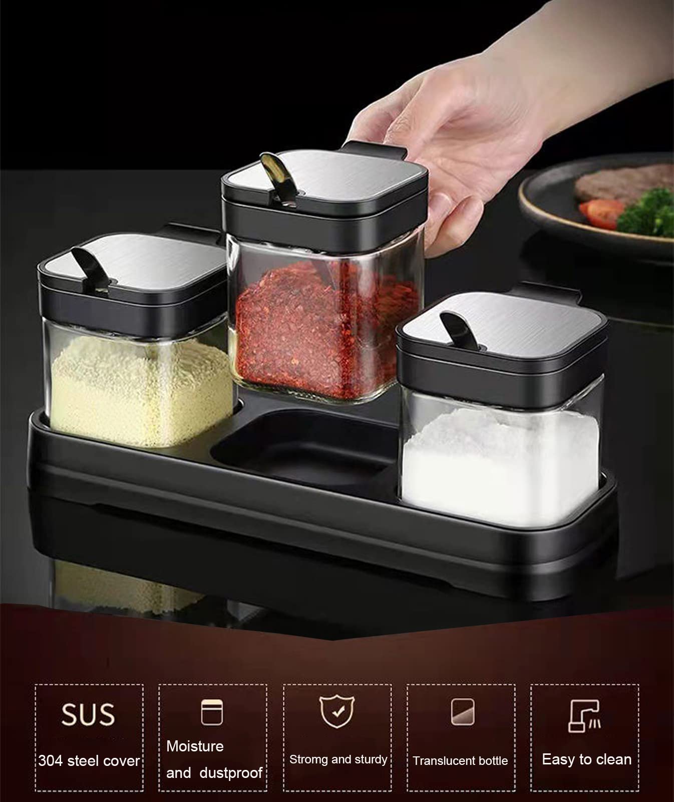 W WBLD Glass Condiment Jar Spice Container with Lids and Spoons, Square Clear Seasoning Sugar Containers Set with Base, Sugar Pepper Salt Spices Bowl for Kitchen Countertop,3pcs