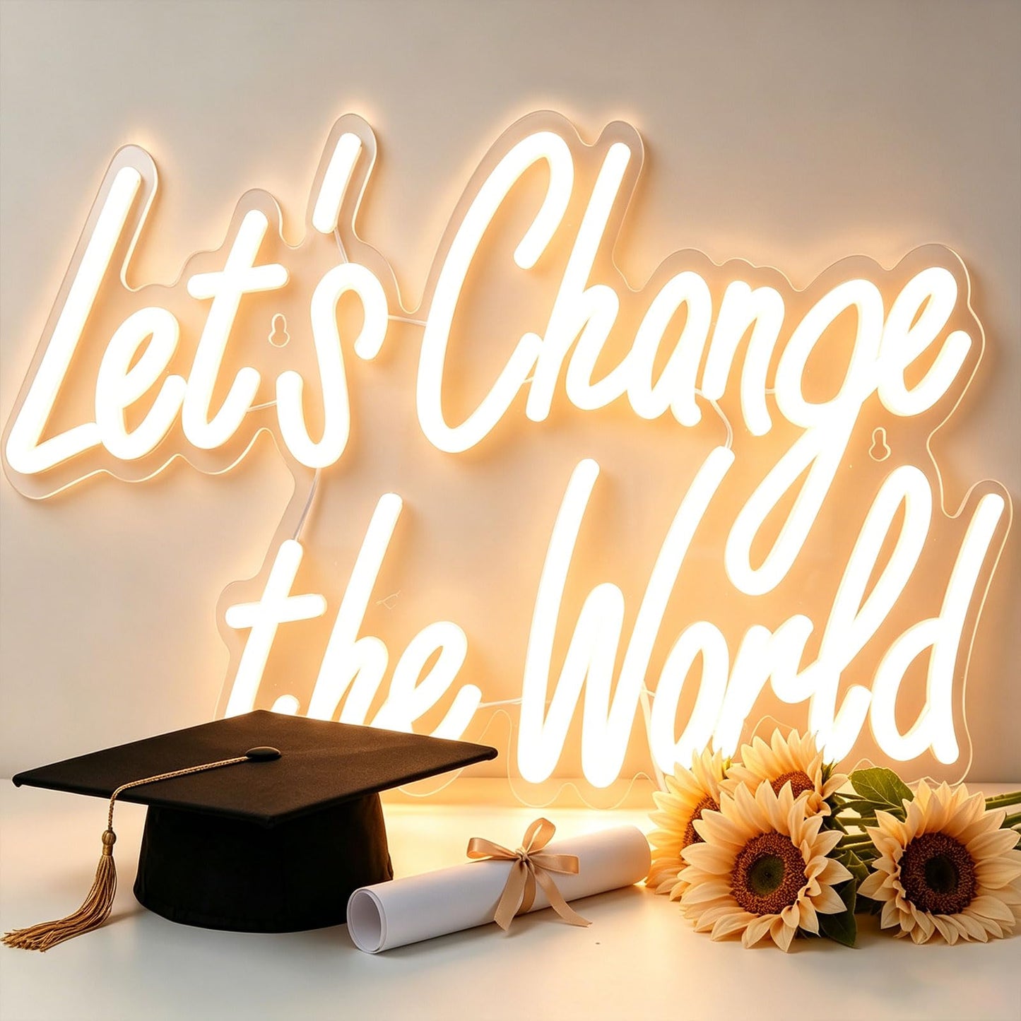 Graduation Neon Sign "Let's Change the World" - Class of 2026 Graduation Party Decorations, Dorm Room Decor, Graduation Gifts Motivational LED Neon Light for Office 14x10 inch