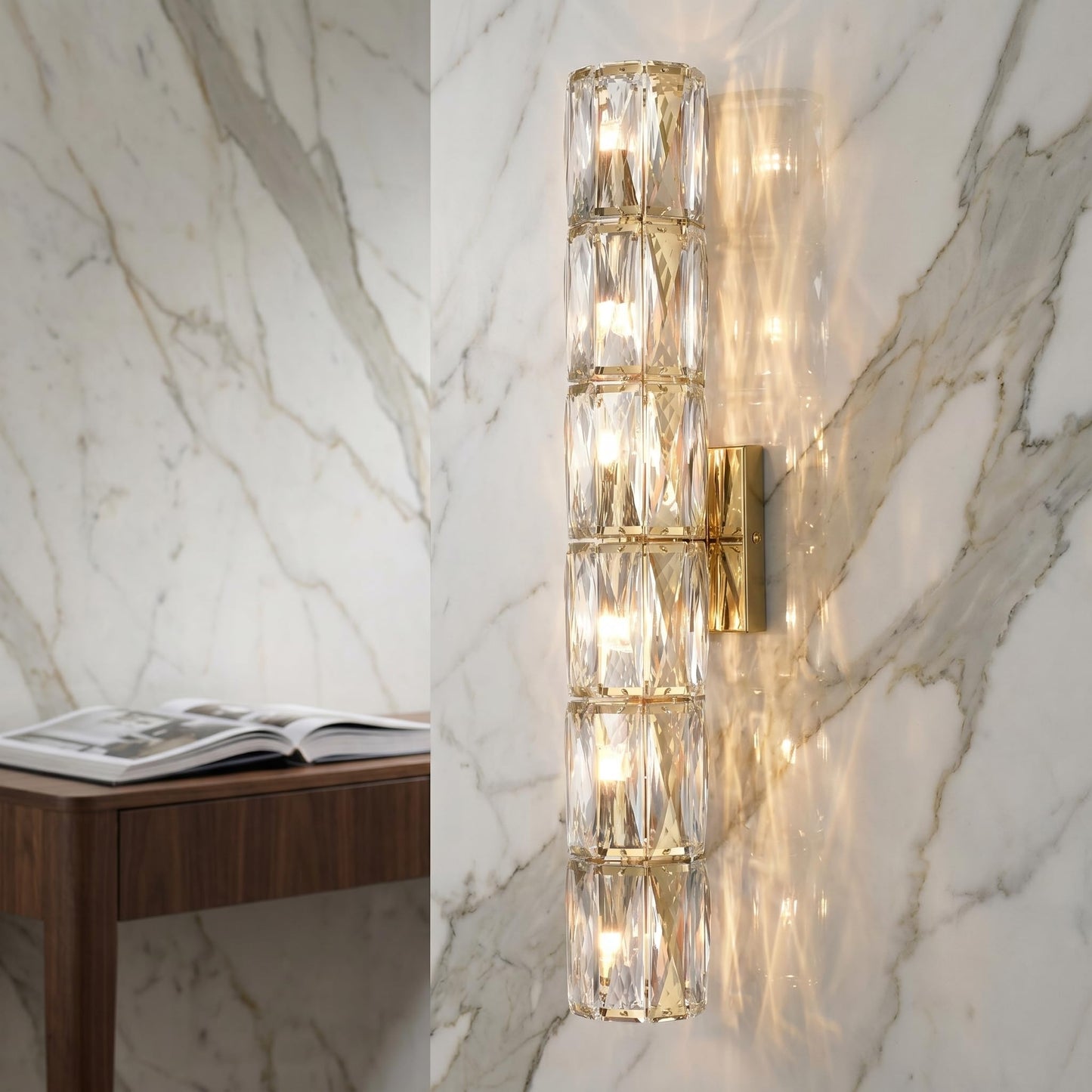 SAMTEEN 24-Inch Crystal Wall Sconce Gold Sconces Wall Lighting Mid-Century Modern 6-Light Luxury Brass Glass Wall Light Fixture for Bedroom Hallway Bathroom Vanity Light Fixtures