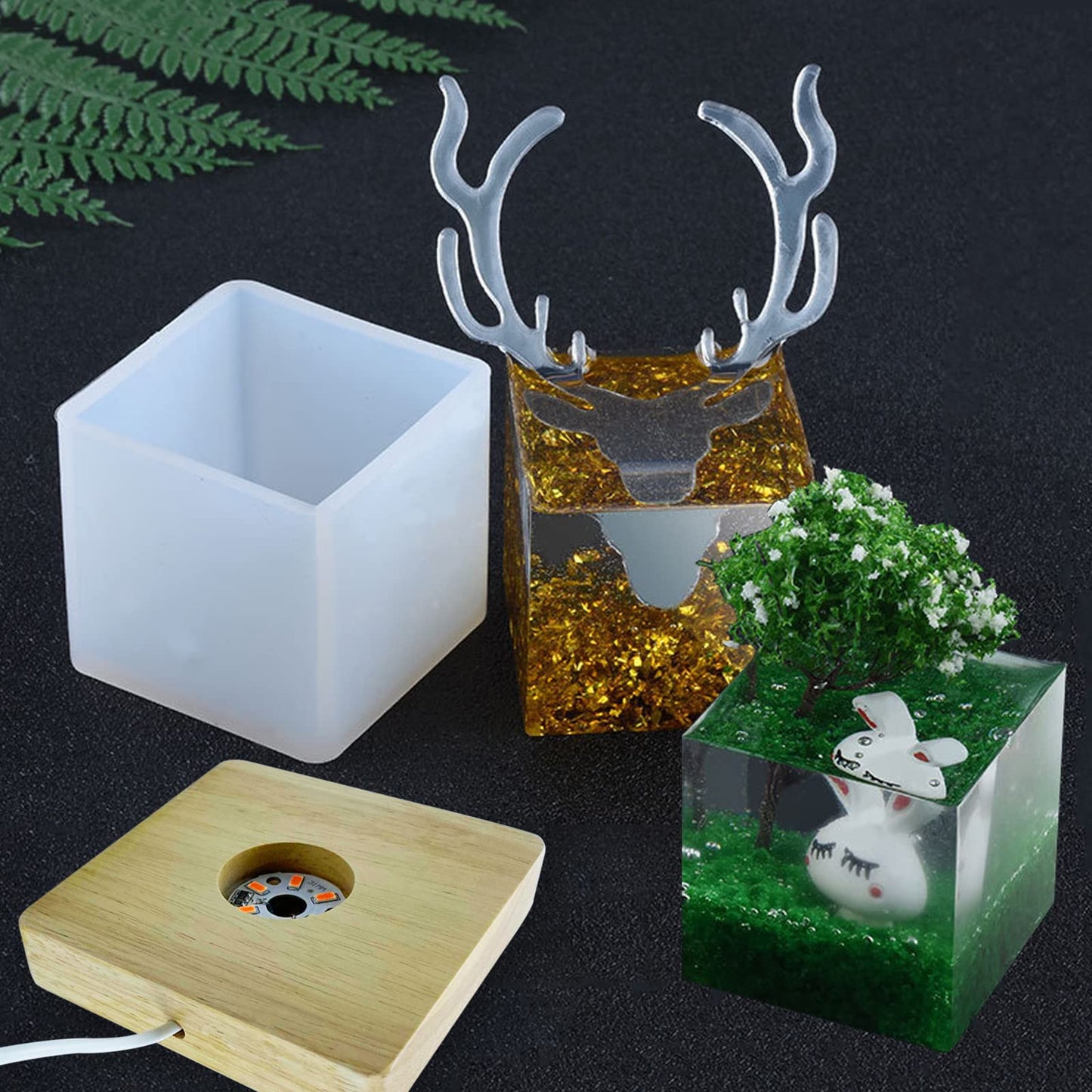 Voaesdk Light Resin Square Molds,Large Cube LED Silicone Moulds for Resina with USB Powered Wooden Lighted Base for DIY Crystal Resin Art Table Lamp Home Decoration
