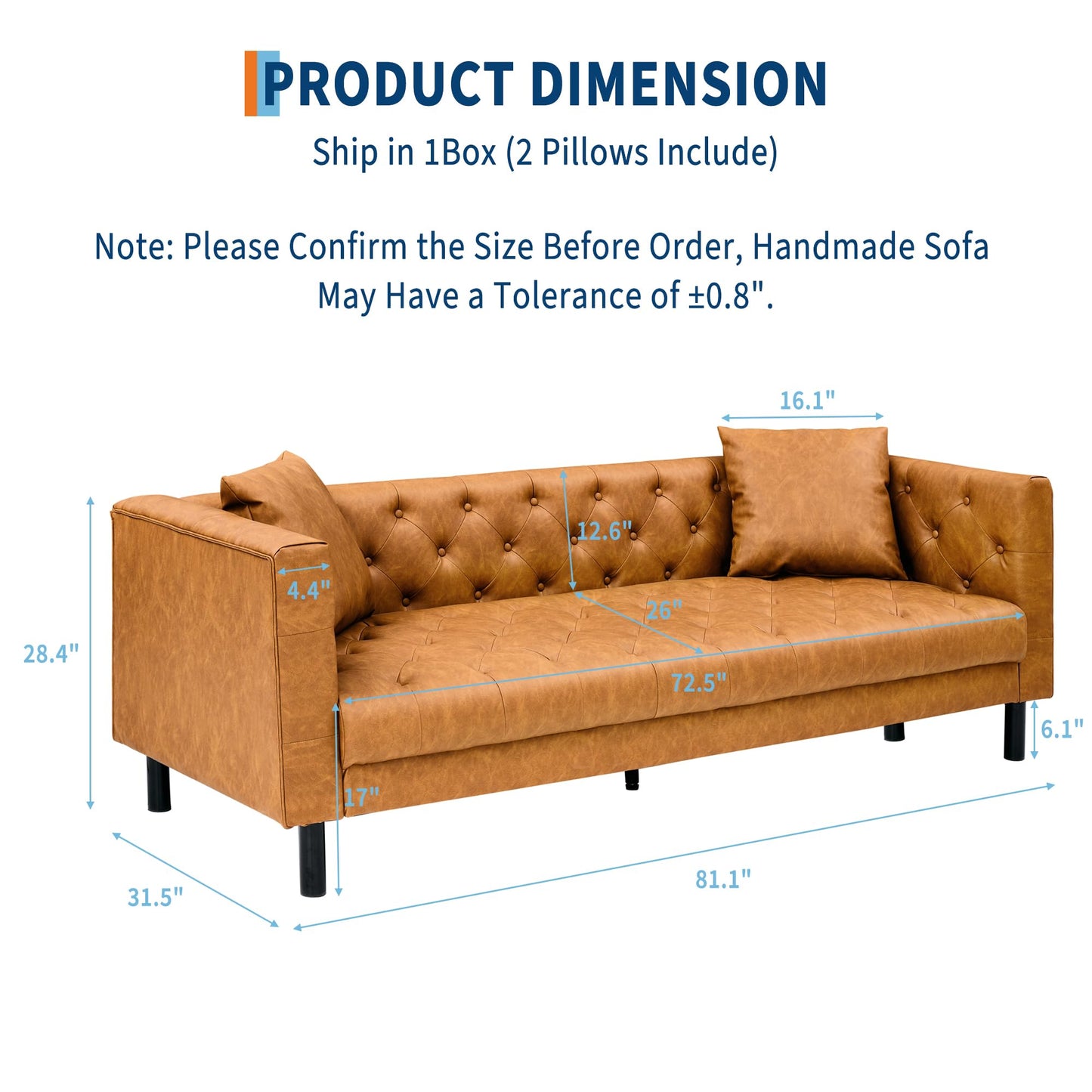 GarveeTech Modern Leather Sofa 81", Chesterfield Style 3 Seater Couch with Deep Seat, Hand-Tufted Button Quilting, Vintage Couch for Living Room, Apartment, Office