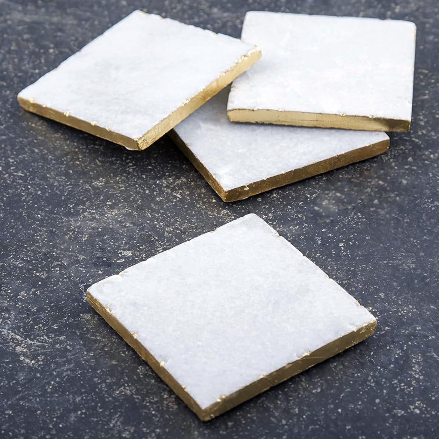 Thirstystone Square White Marble/Gold Edged Coasters (Set of 4), Multicolor