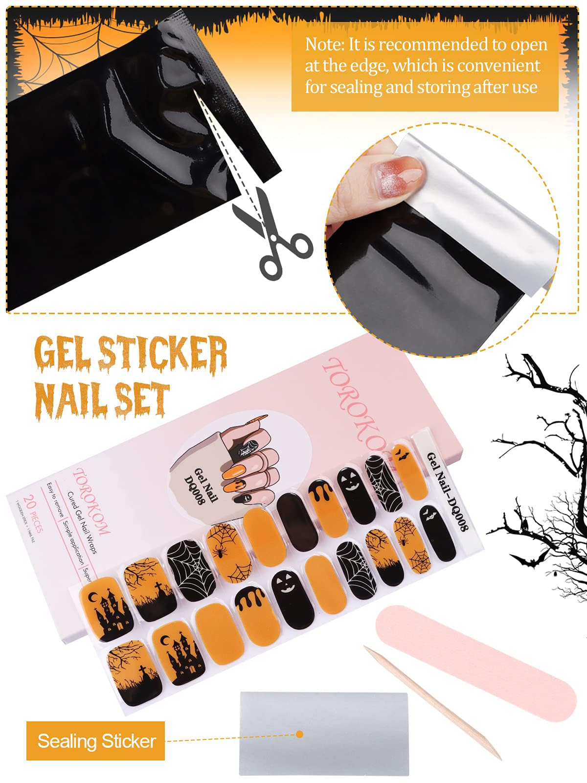 Halloween Cured Gel Nail Polish Strips, TOROKOM 20 Stickers Halloween Gel Nail Polish Stickers Full Wraps Nail Art Stickers Bat Spider Net Face Gel Stickers with Nail File and Stick