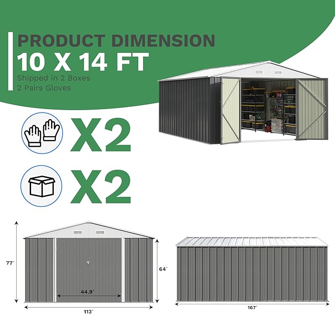 Patiowell 10x14 FT Outdoor Storage Shed, Large Metal Garden Shed with Lockable Door and Sloping Roof, Outside Steel Utility Tool Sheds for Backyard Lawn Garden Patio, Grey