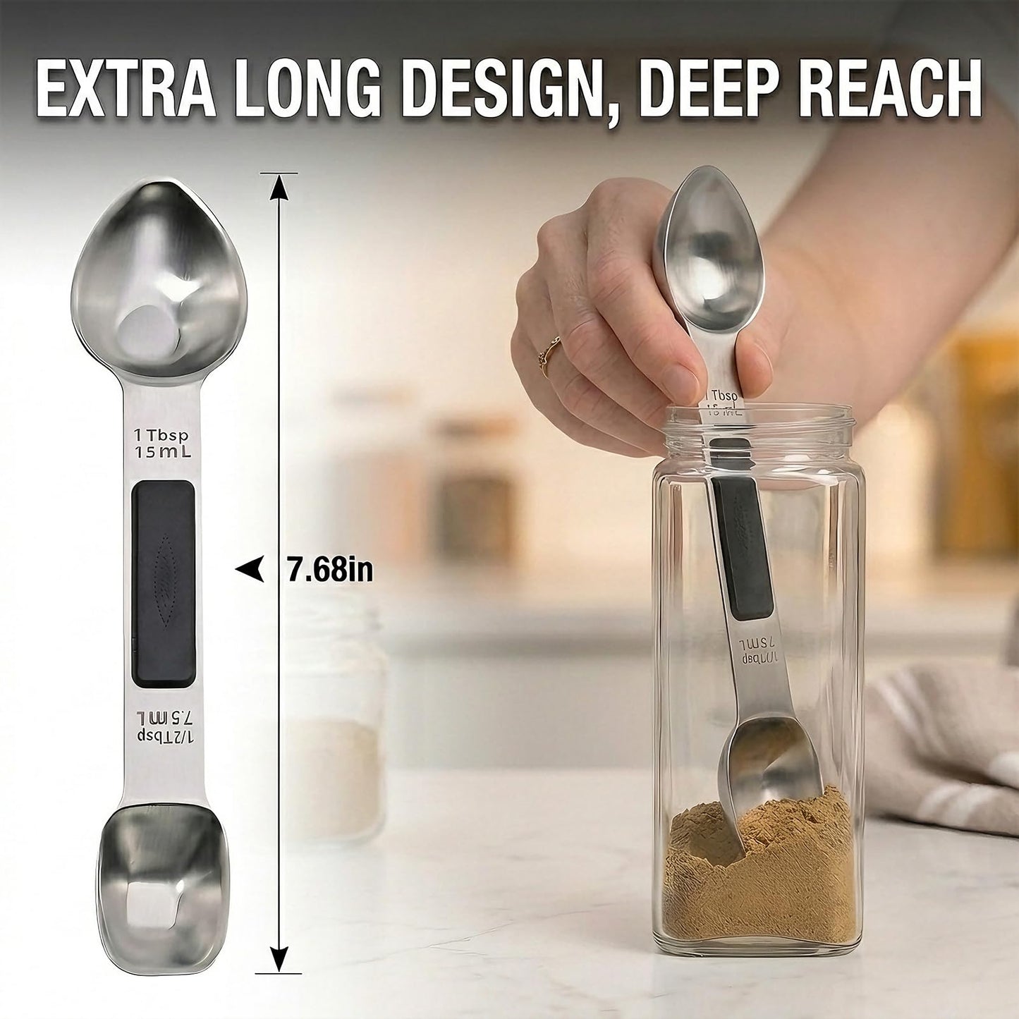 Mafier Magnetic Measuring Spoons,Stainless Steel Dual Sided Tablespoons,Extra Long Handle for Deep Jars,Heart-Shaped&Square Heads that More Easier to Excavate,Laser Markings,Non-Slip Grip(set of 5)