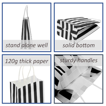 Ronvir 50Pcs Small Gift Bags, 5.25x3.25x8 Inches Black & White Striped Recycled Kraft Paper Bag with Handles Bulk for Christmas, Party Favors, Shopping, Goodie, Birthday, Retail, Halloween,Business,Gift Wrapping