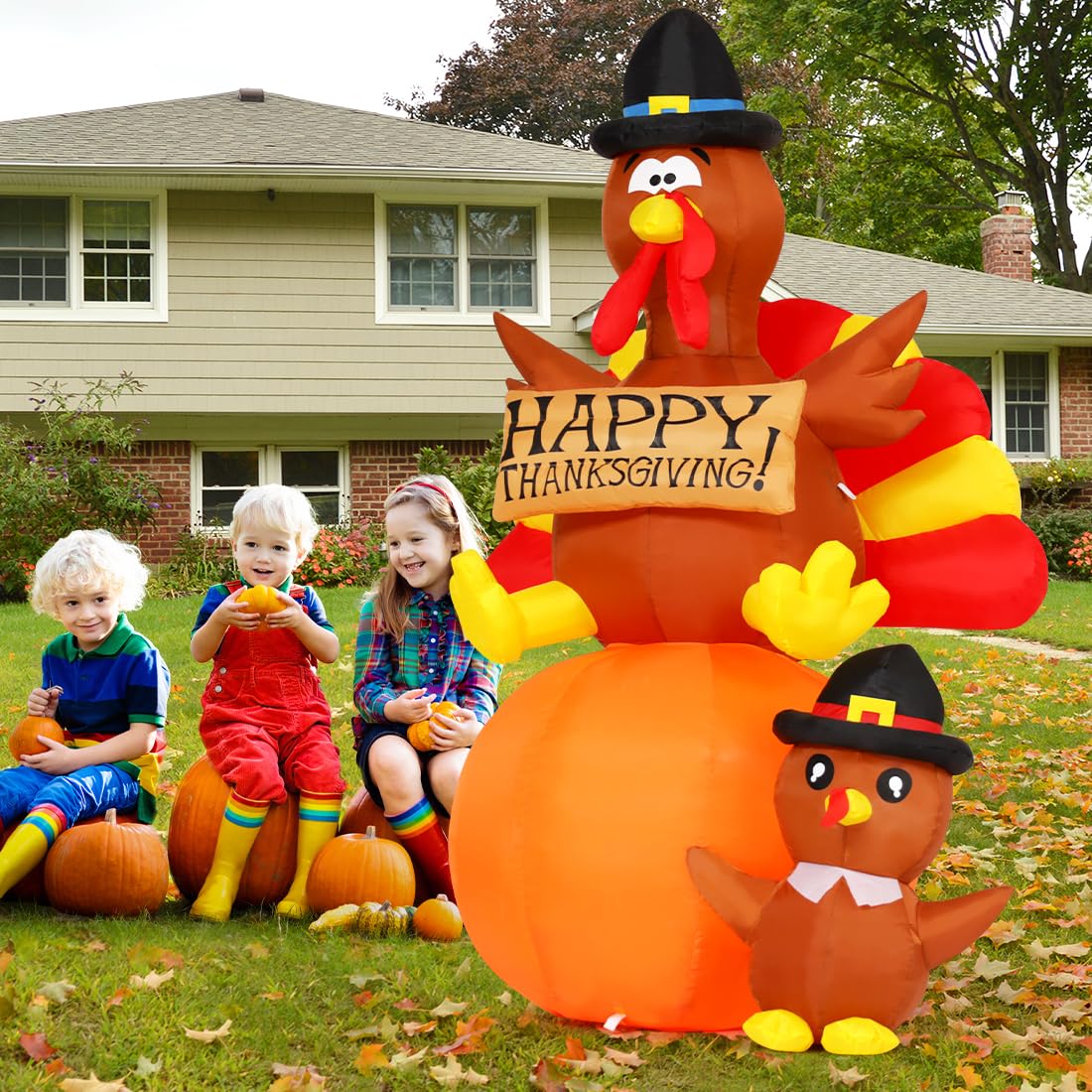 GOOSH 6 FT Thanksgiving Inflatables Turkey Outdoor Decorations Blow Up Yard Turkey on Pumpkin with Turkey Baby with Built-in LEDs for Indoor Party Garden Lawn Decor