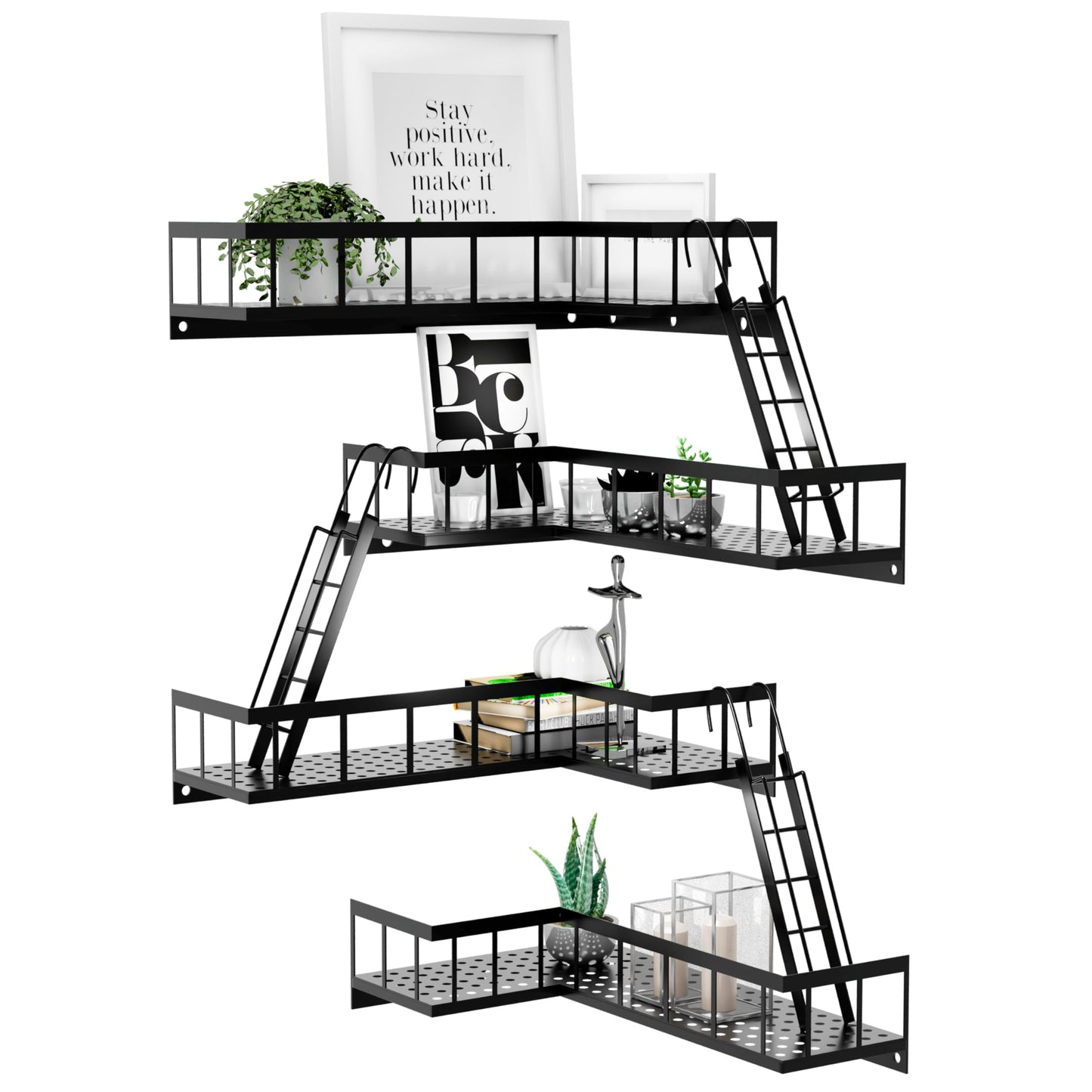 BRLBZXJY Fire Escape Wall Shelf, Modern City Style Corner Wall Shelves, Trinket Figurine Display Knick Knack Shelf Easy to Install, for Bathroom, Living Room & Home Decor, Black 4-Tier
