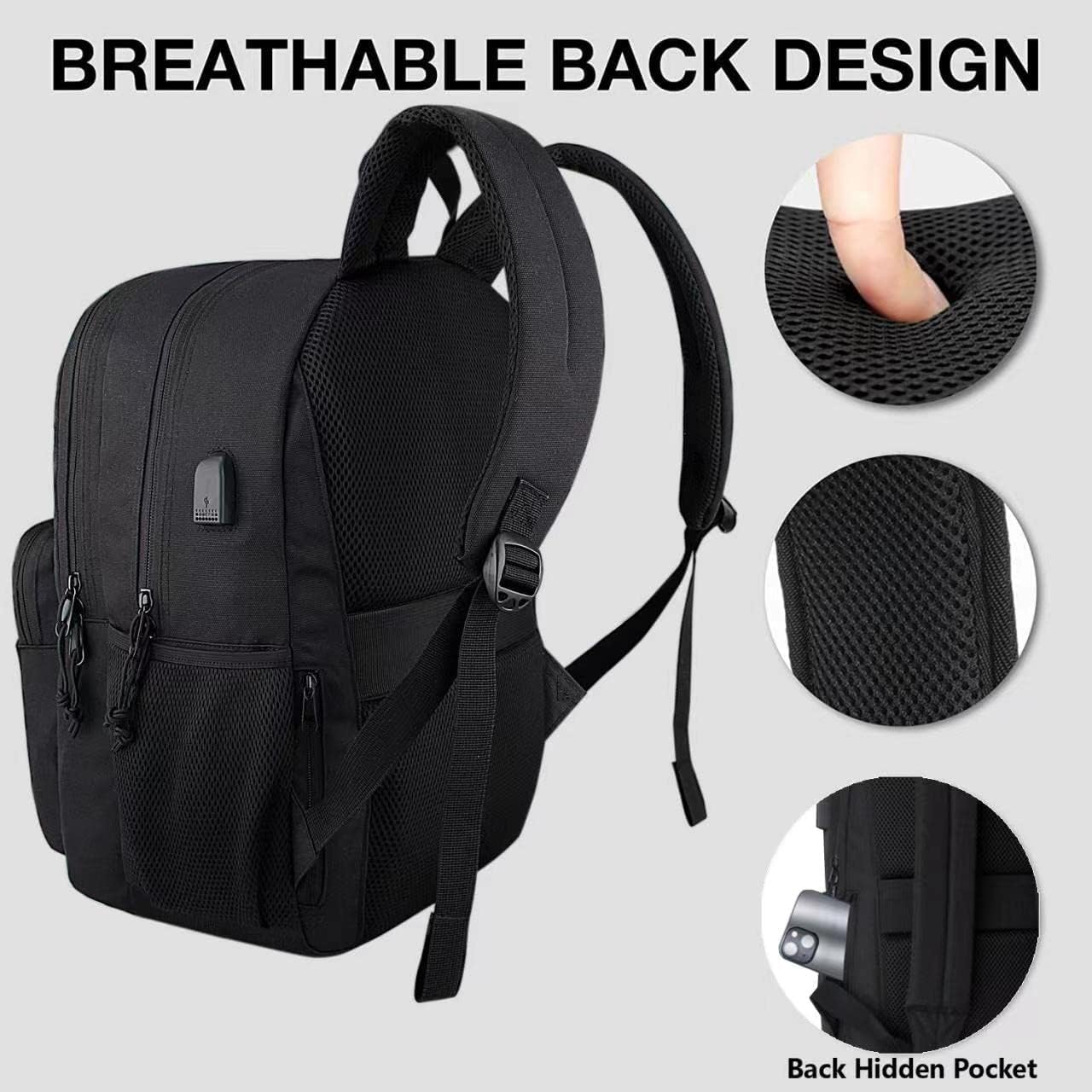 KEOFID Classic Travel backpack for Men and Women, Anti theft Laptop backpack with USB Charging Port for College, Business(Black)