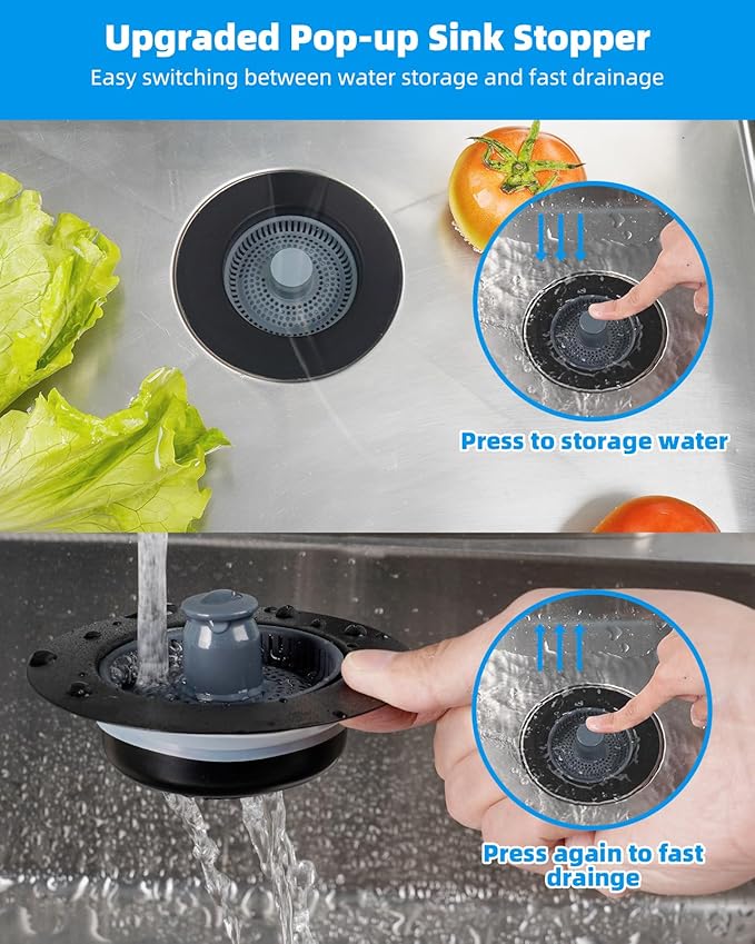 Hibbent 2 Pack 3 in 1 Kitchen Sink Drain Strainer and Stopper Combo, Stainless