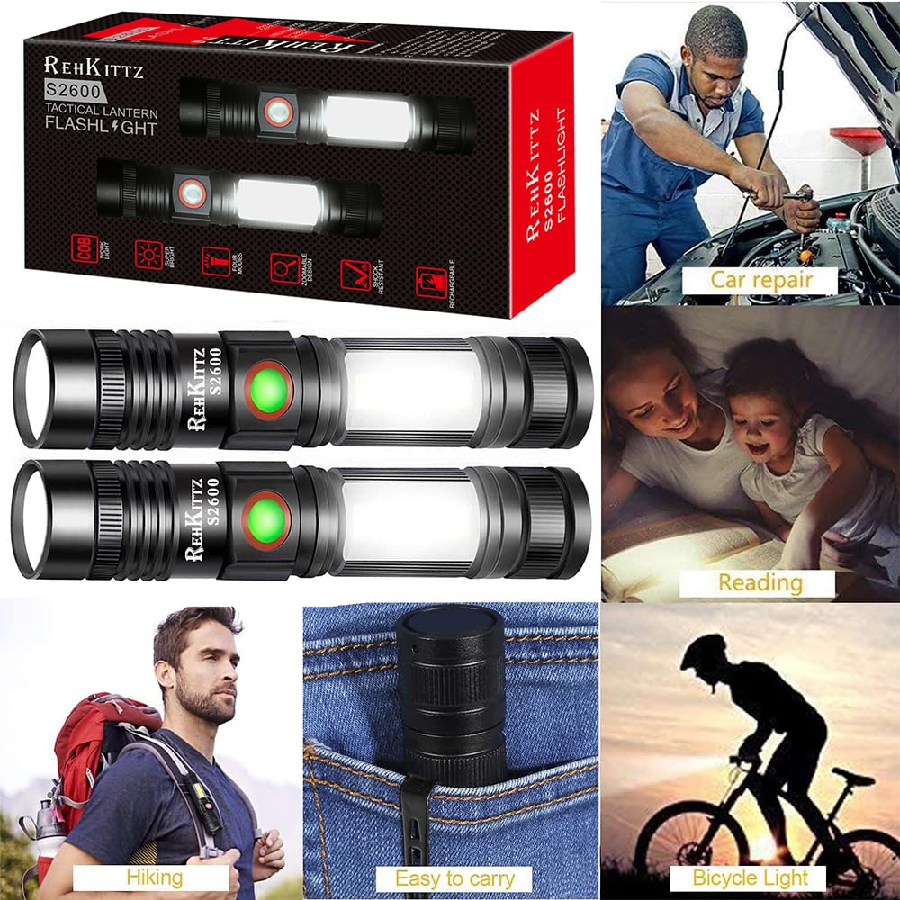 REHKITTZ Torch LED 2000 Lumen Super Bright,2500 mAh High Capacity Rechargeable Pocket Size Torches with Magnet and COB Work Light,Powerful Flashlight for Hiking, Camping, and Walking(2 Pack)