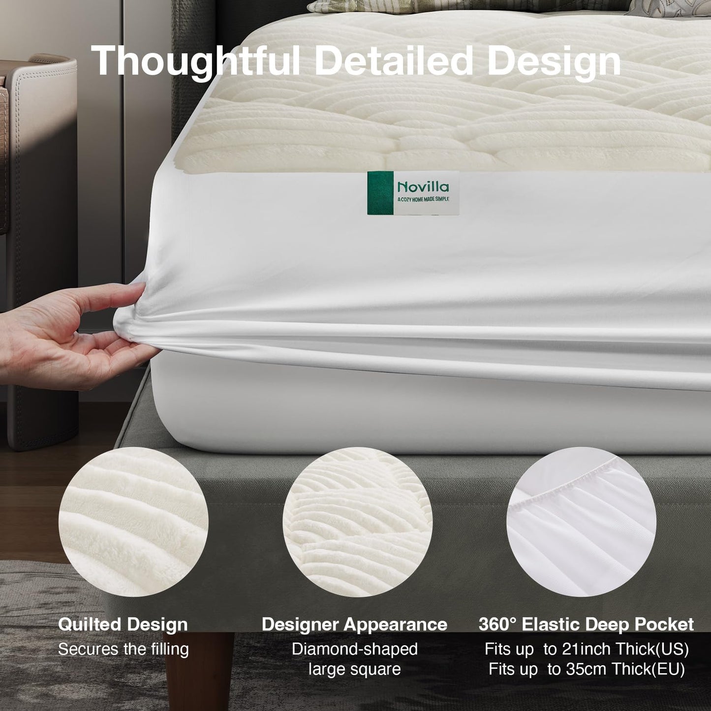 Novilla King Flannel Mattress Topper, Ultra Soft Faux Fur Mattress Pad with Deep Pocket, Quilted Thickened Warm Bed Topper for Winter, Fits 8-21" Mattress, Machine Washable, White