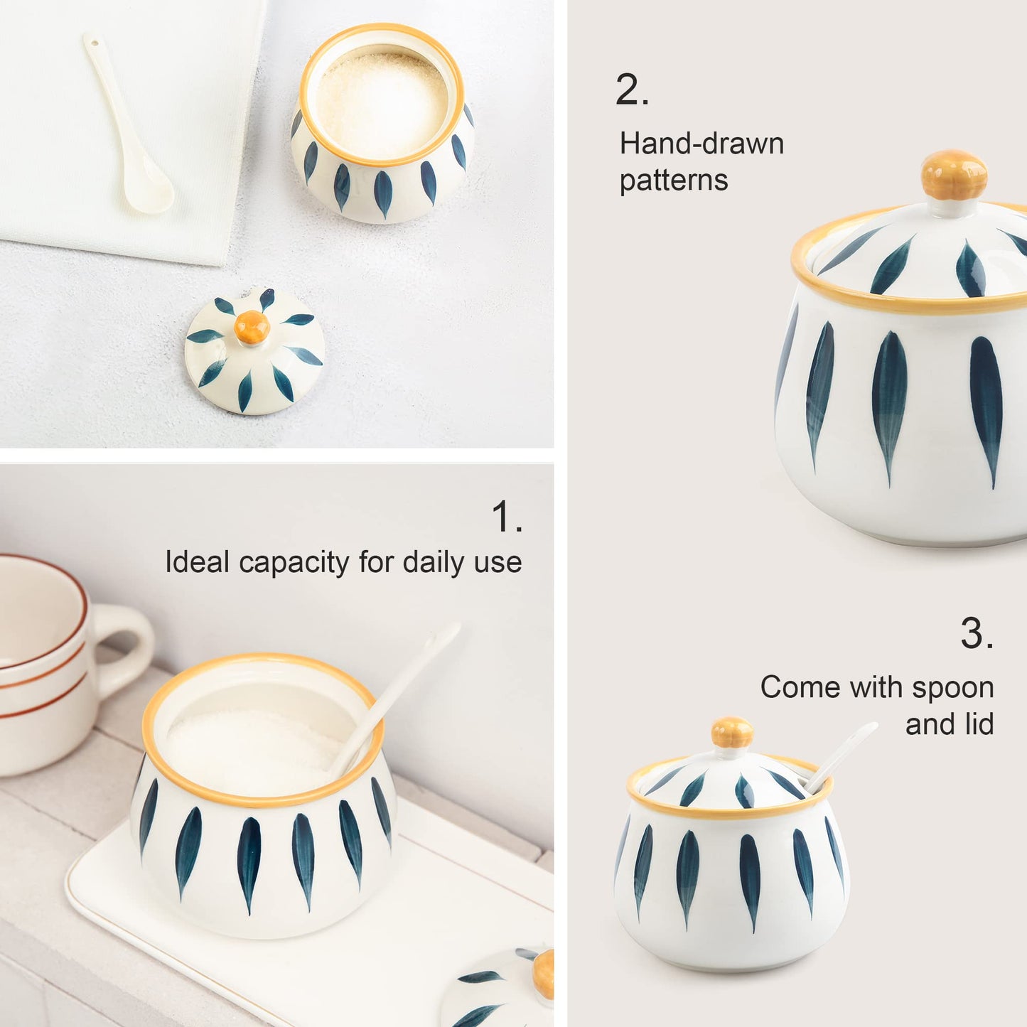 mehrido Porcelain Sugar Bowl with Lid and Spoon, 12 Ounce Ceramic Sugar Jars for Kitchen and Home, Farmhouse Sugar Container for Coffee Bar, Sugar Container Dishwasher Safe