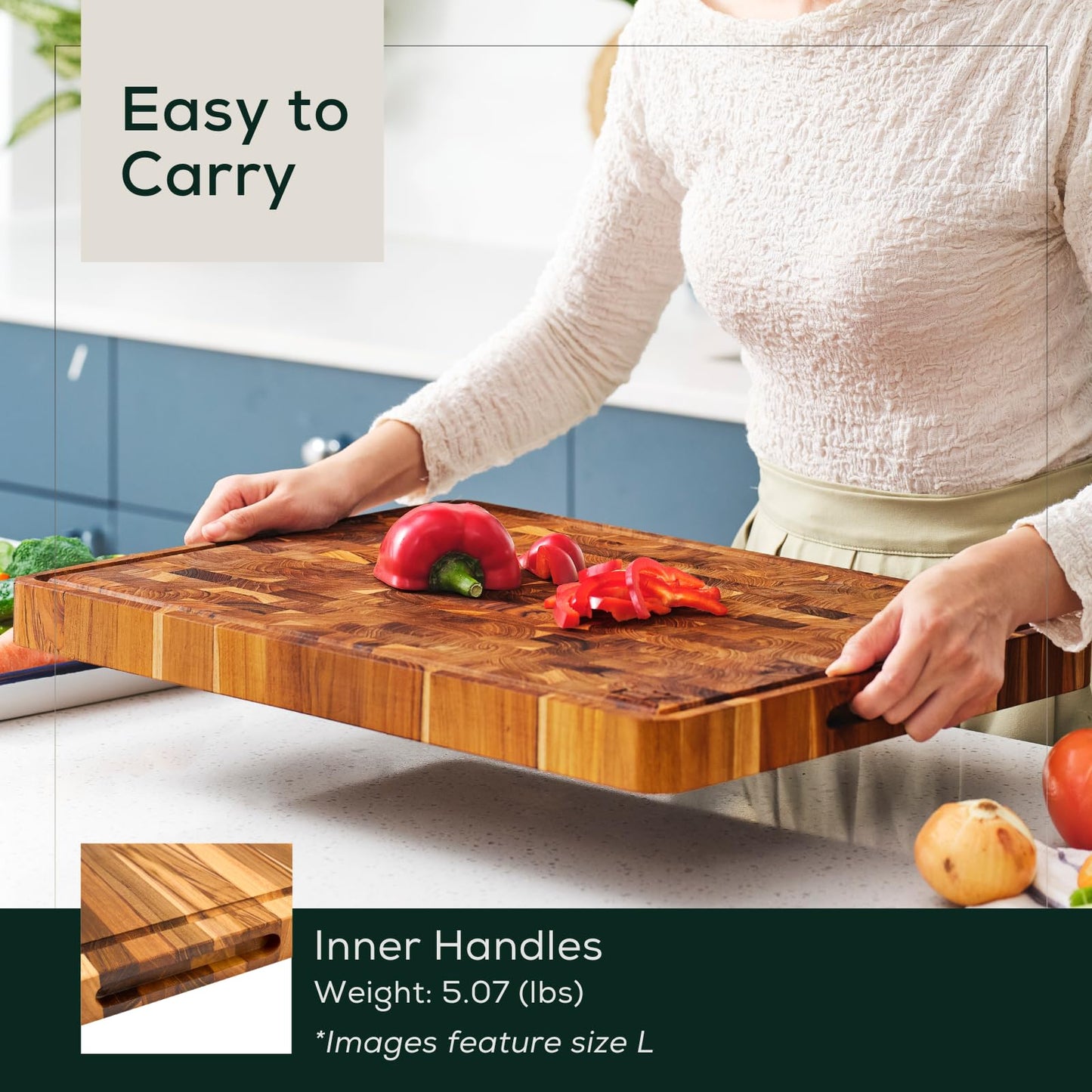EZ FURNITURE Large (L) Acacia End Grain Cutting Board, Reversible, Knife-Friendly Charcuterie Butcher Block with Juice Groove & Handles, Non-Toxic, Gift Box Included (20" x 15" x 1.5")