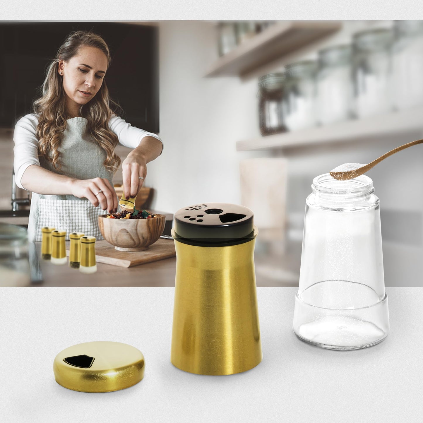 bonris Stainless Steel Salt and Pepper Shakers,Salt Shaker Clear Bottom Jar Bottle Container with Stainless Steel Top,with Adjustable Pouring Hole for Kitchen, Cooking Table, Camp