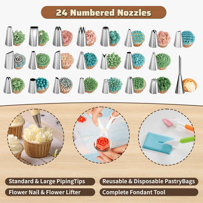 720PCS Cake Decorating Kit with Baking Supplies - Cake Turntable for Decorating with Baking Pans, Leveler, 24 Numbered Piping Tips, 2 Spatulas, Fondant Tools, Video Course, Pattern Chart & More