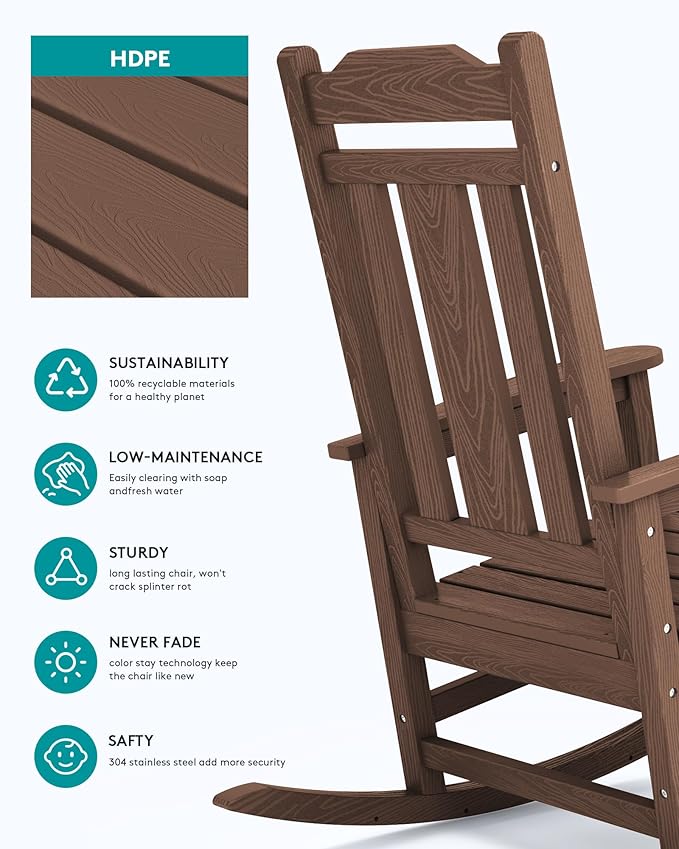 SERWALL Oversized Rocking Chair Set of 4 Outdoor, HDPE Outdoor Rocking Chair Set of 4, Coffee