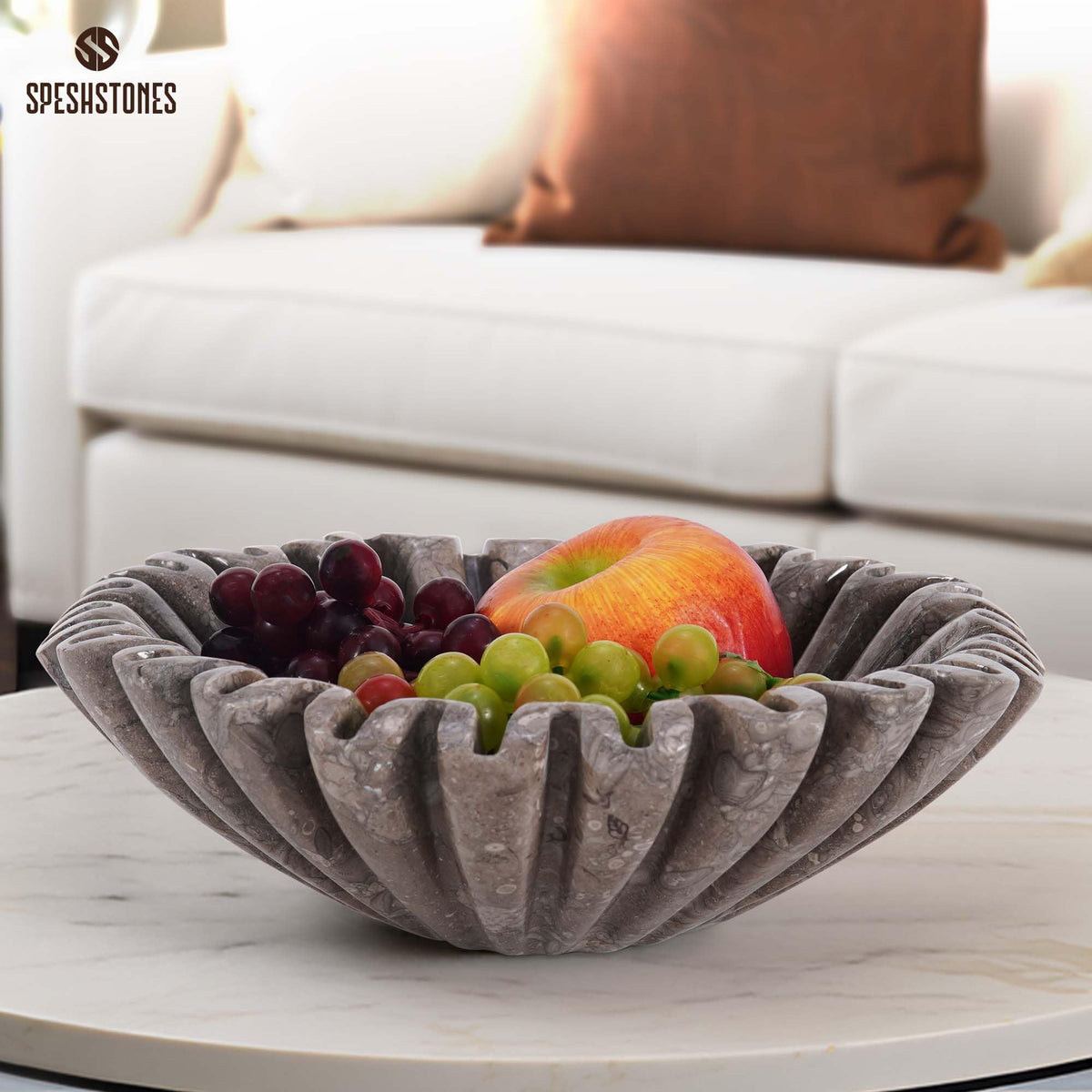 SPESHSTONES Marble Scalloped Bowl Handmade 10 Inch Ruffle Bowl, Large Decorative Bowls for Home Decor, Modern Fruit Bowl for Kitchen Counter, Stone Fluted Bowl for Housewarming Gifts
