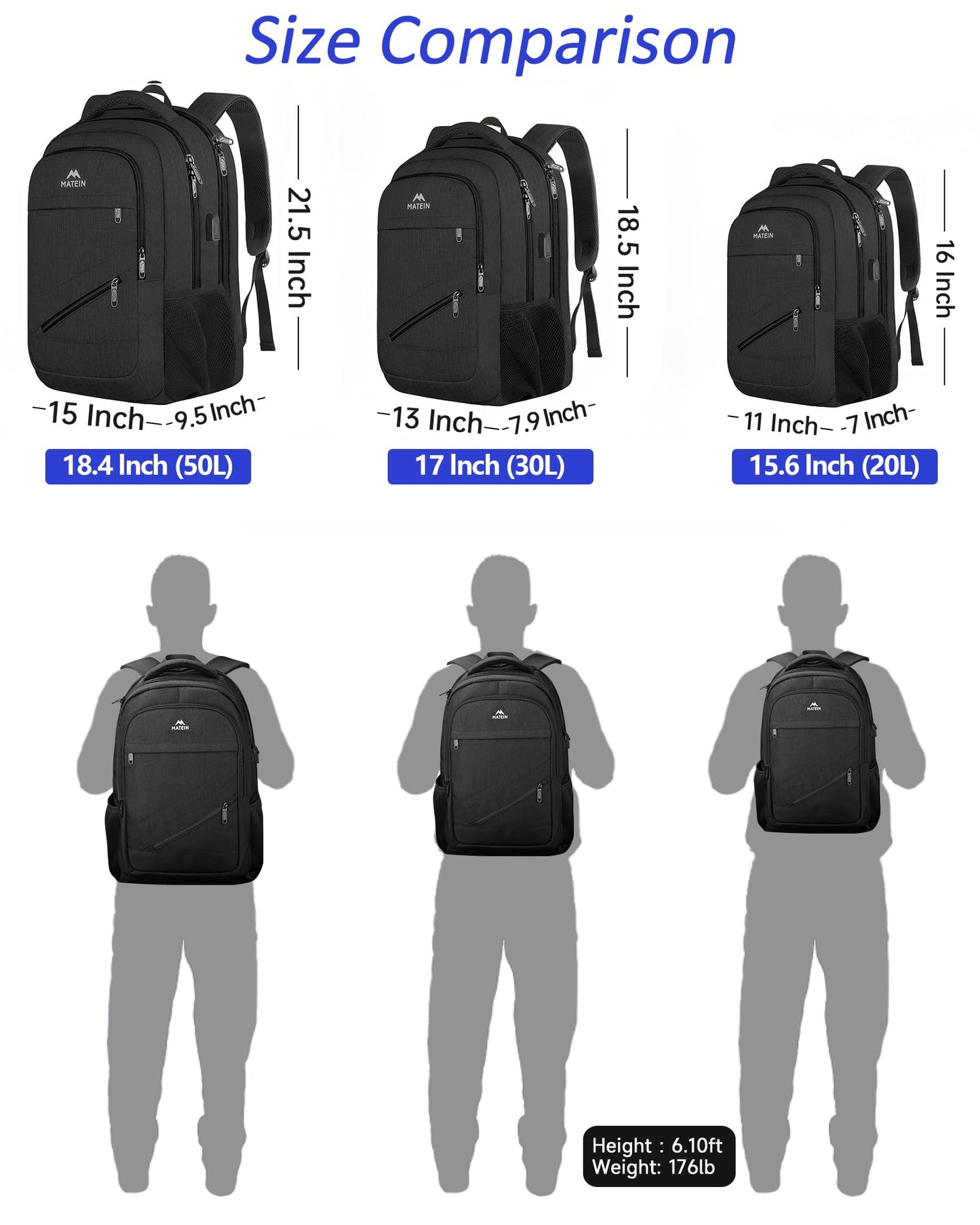 MATEIN Travel Laptop Backpack,17 Inch Business Large Backpack Bag With USB Charging Port, Water Resistant Work Rucksack Anti Theft Lightweight for College High School Men Women Casual Daypack, Black