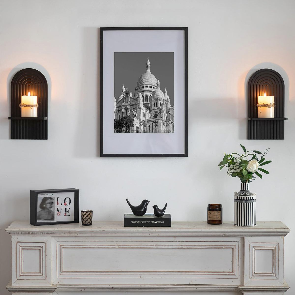 Walasis Black Boho Candle Sconces Decor: Set of 2 Wood Mid-Century Wall Candle Holder for Hallway Fireplace Bedroom - Arch Wall Shelf for Plants Pillars Candles