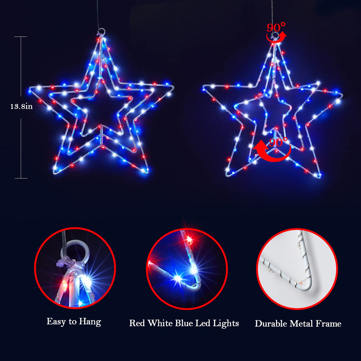 BlcTec 4th of July Decorations, 3 Layers of 14inch Red White Blue Big Stars with Rotatable Function, Durable Metal Frame Patriotic Stars Lights with Remote, 8 Modes & Timer for July 4th Decor, 2 Packs