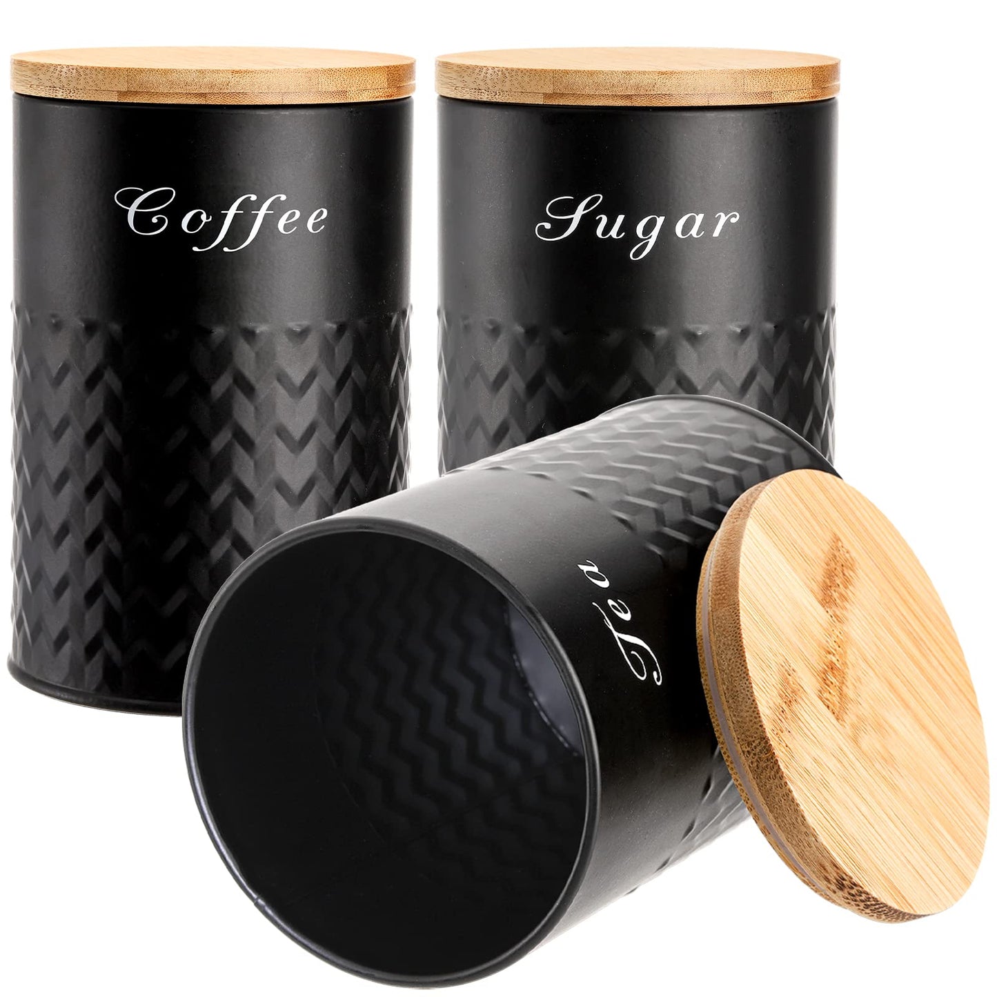Bekith 3 Pack Kitchen Canisters with Bamboo Lids, Airtight Metal Canister Set, Food Storage Containers Jars for Coffee, Sugar, Tea, Flour, Rustic Kitchen Decor Containers, Black