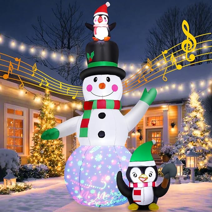 GOOSH 7 FT Christmas Inflatables Snowman and Penguin with Built-in Music & 360° Rotation Colorful Projector LED Light, Blow Up Snowman Outdoor Christmas Decoration for Holiday Party Xmas New Year