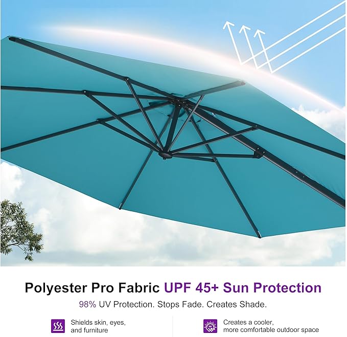 PURPLE LEAF 10 Feet Patio Umbrella with Base and Cover Round Outdoor Cantilever Umbrella Aluminum Offset Umbrella with 360-degree Rotation for Garden Deck Pool Patio Turquoise Blue