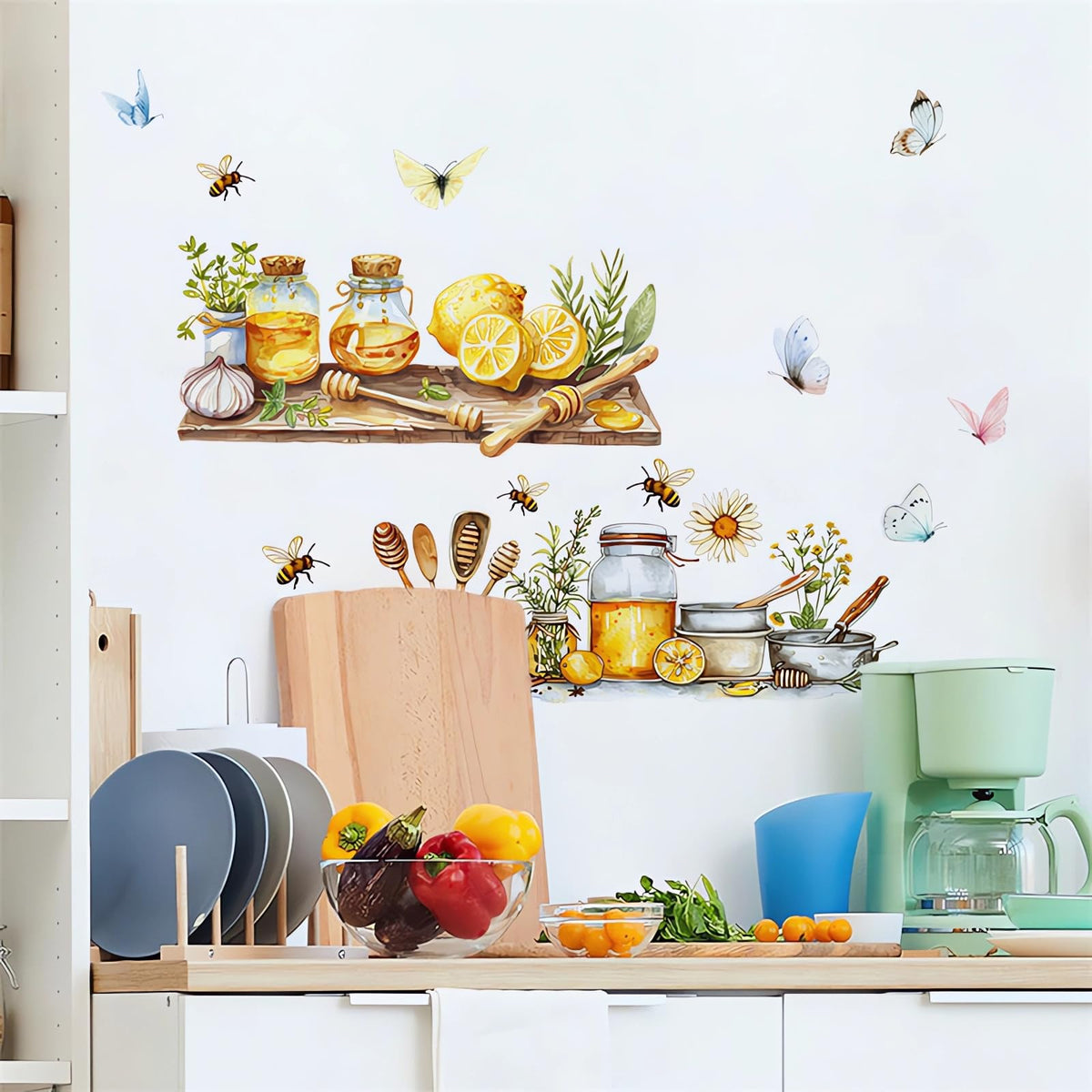 Lemon Honey Bee Butterfly Kitchen Wall Stickers, sacinora Kitchenware Utensil Shelf Yellow Fruit Wall Decals Removable Vinyl Peel and Stick Kitchen Dining Restaurant Bar Home Decorations