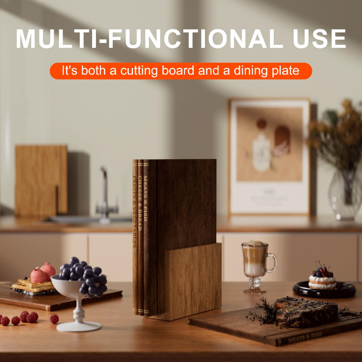 Book Cutting Board Set with Stand, 3-Piece Acacia Wood Boards That Look Like Books, Labeled Wooden Chopping Boards for Meat, Cheese, Bread & Vegetables, Kitchen Decor Gift