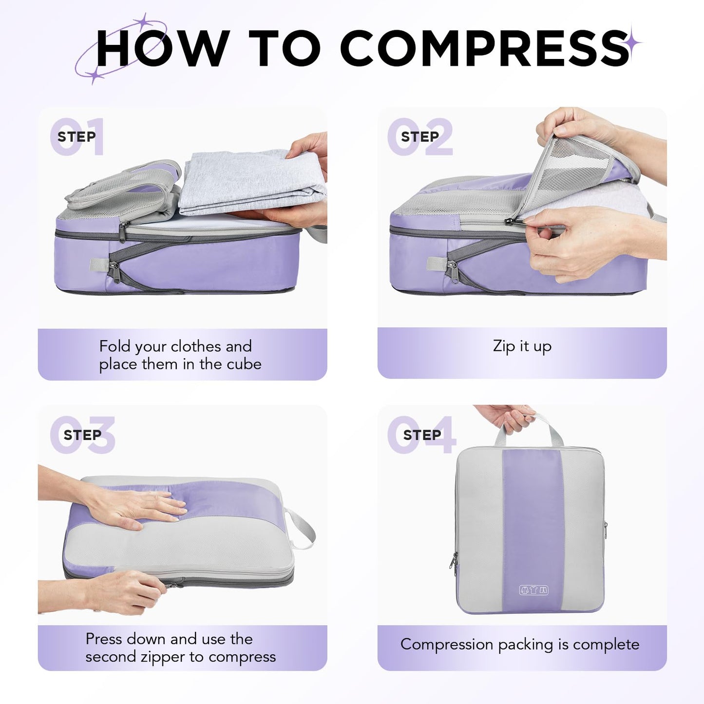 8 Set Compression Packing Cubes for Travel Essentials,Compressible Expandable Packing Cubes for Suitcase,OlarHike Luggage Organizer Bags for Travel,Handy Helper for Organizing Clothes(Purple Gray)