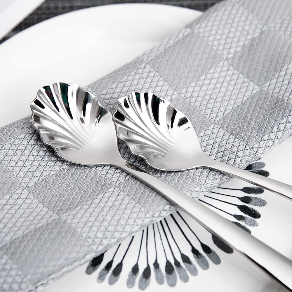 Stainless Steel Shell-Shaped Spoon, Sugar Spoon, Tea Spoon, Dessert Spoon for Coffee, Tea, Ice Cream, Appetizers & Charcuterie, Polished Silver, Reusable & Dishwasher Safe