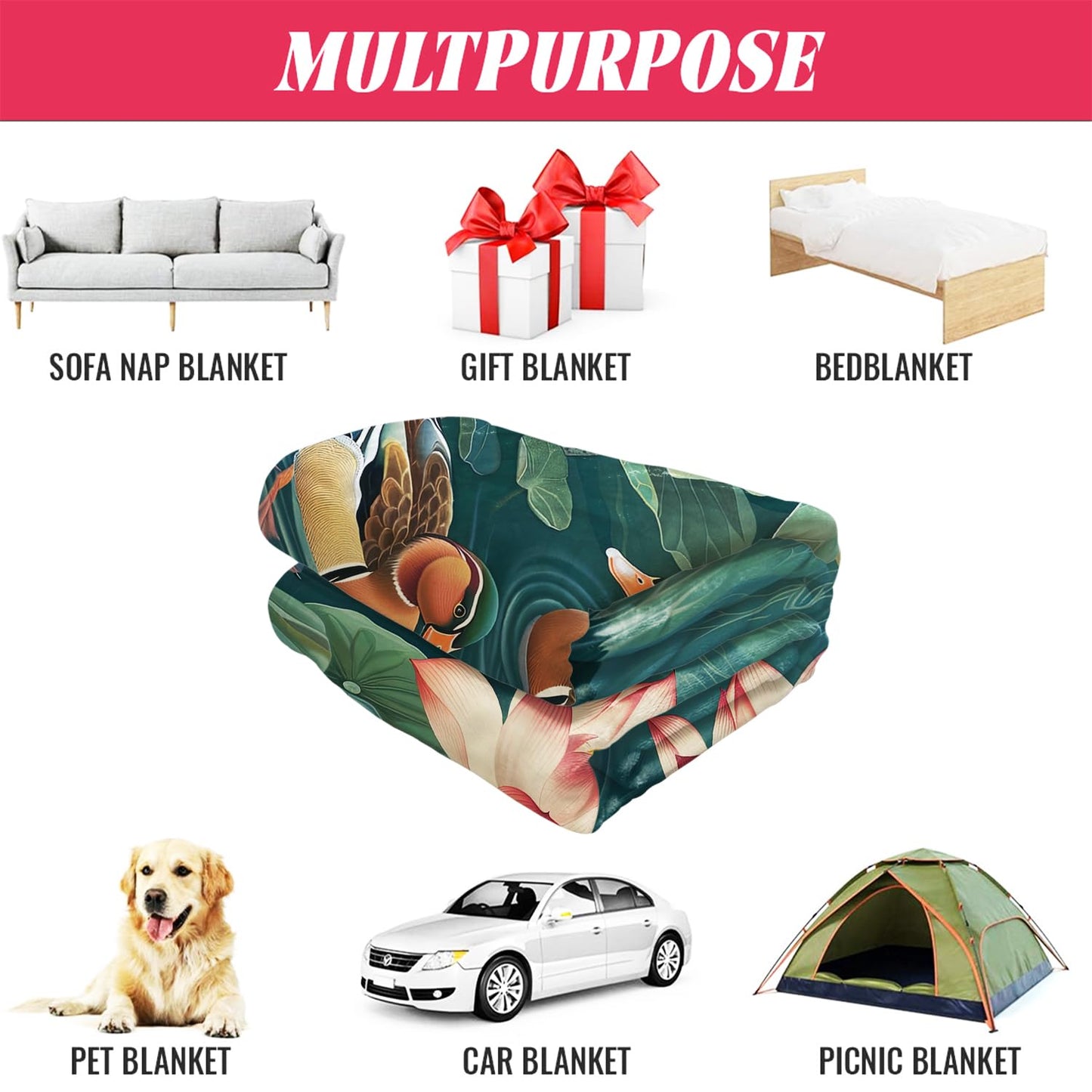 Lotus & Mandarin Ducks Blanket, Traditional Art Home Decor, Super Soft Fleece Throw Blankets for Couch Sofa Bed, 60" x 80"