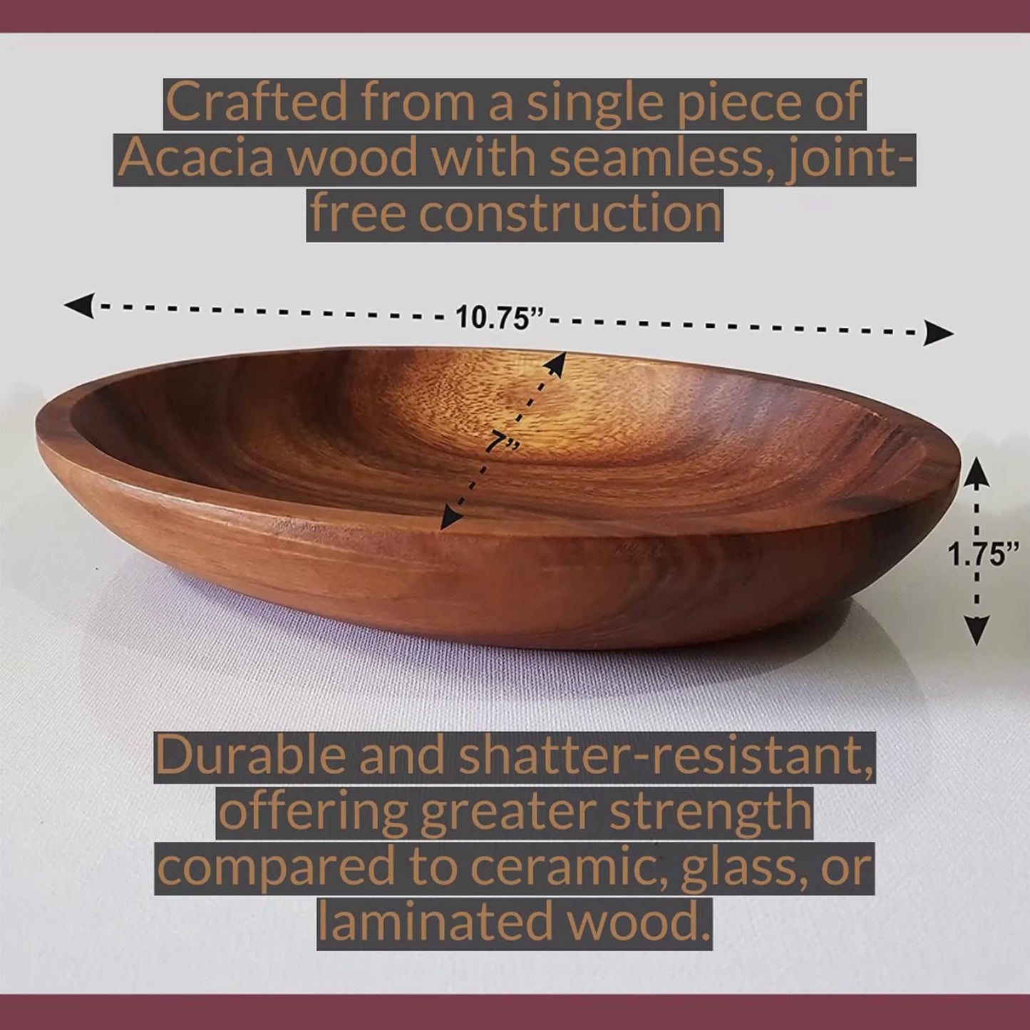 WRIGHTMART Acacia Wood Oval Bowl, Handmade, Rustic Server for Foods, Salads, Fruits, Bread - Dining Table & Kitchen Counter Décor - Entryway Key & Coin Catch-All Tray, 10.75" x 7" x 1.75"