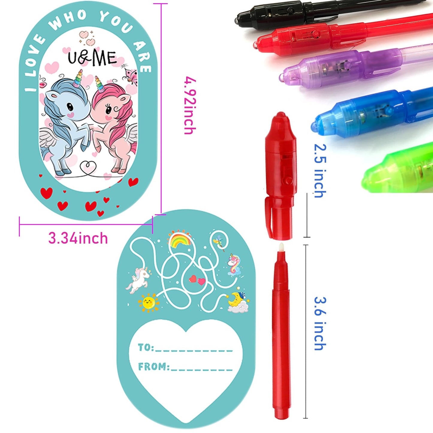 SCStyle 56 Pcs Party Favors | Valentines Day Cards 28Pcs and 28 Invisible Ink Pen with UV Light,Writing Secret Information Bag Gifts for Students Classroom Favors,Valentines Day for Kids Gifts Set
