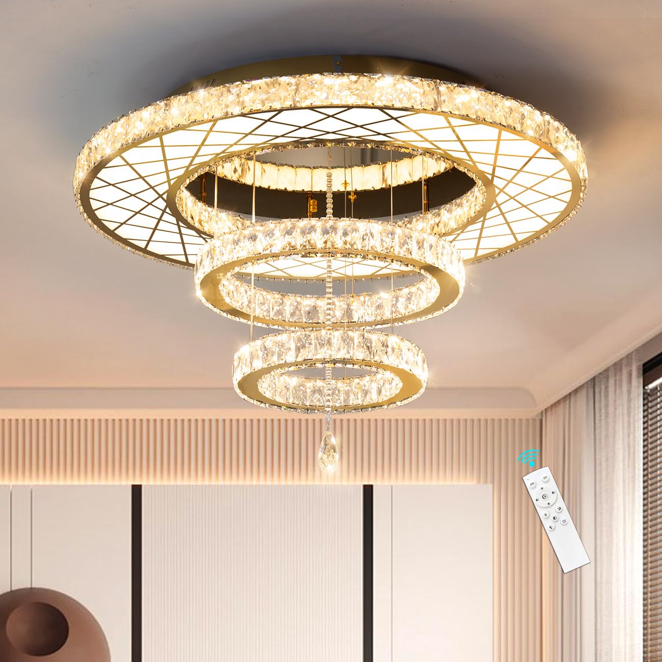 HAIXIANG Modern Glam Chandelier LED Crystal Ceiling Chandeliers Light for Bedroom Living Room Dining Room Lighting Fixture 24 inch Gold Remote Dimmable Lights