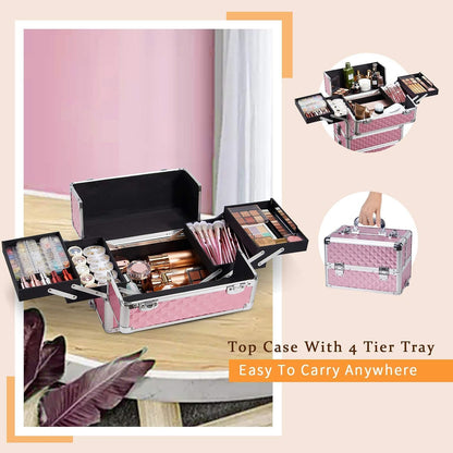 Joligrace Makeup Organiser 4-in-1 Beauty Case on Wheels Vanity Case Pink Trolley Nail Polish Organiser