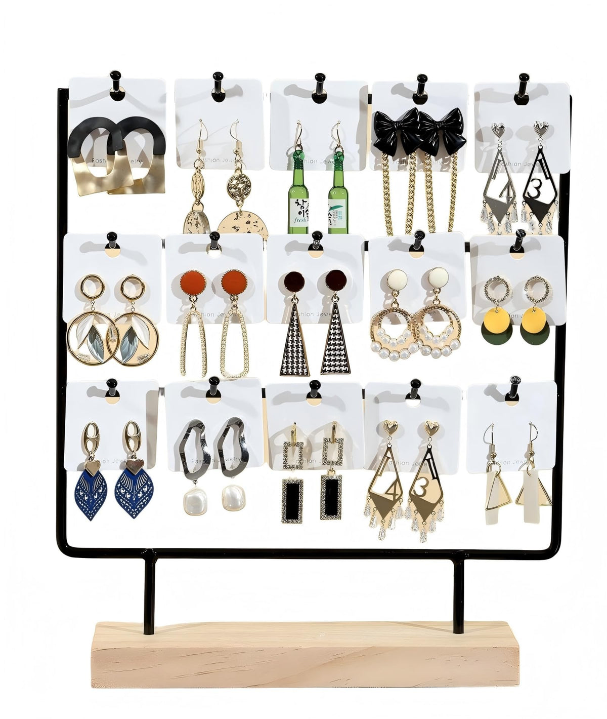 sanbeitang Earring Display Stand for Vendors, 3 Tier Black Wood Earring Rack with 15 Hooks, Stand Holder for Selling for Earring Keychains