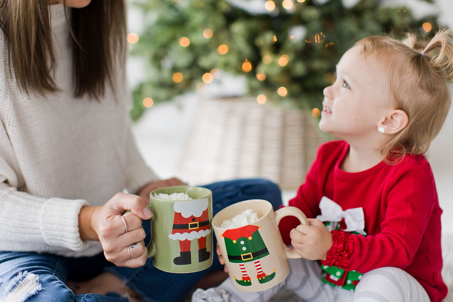 Pearhead Matching Christmas Mugs, Holiday Santa And Elf Mug Set, Christmas Home Décor, Holiday Gifts, Seasonal Coffee Cup Set of 2, Microwave and Dishwasher Safe, Holds 13 oz