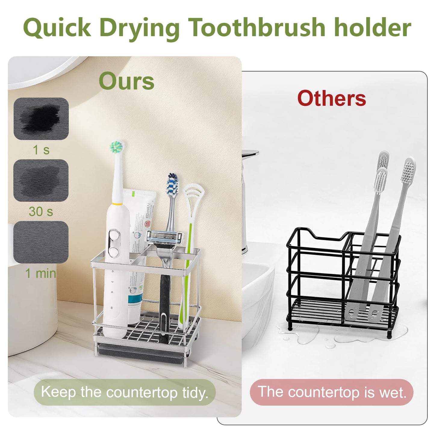 Stainless Steel Toothbrush Holders for Bathrooms, 5 Slots Kids Electric Tooth Brush and Toothpaste Organizer for Countertop, Shower, Vanity, Sliver