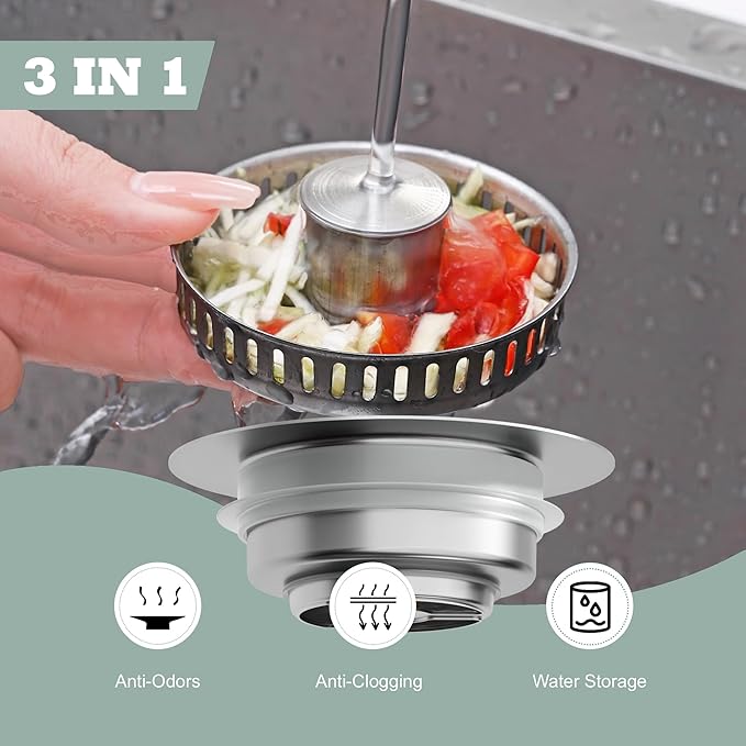 Sink Drain Strainer 3 in 1, 304 Stainless Steel Pop Up Sink Stopper,