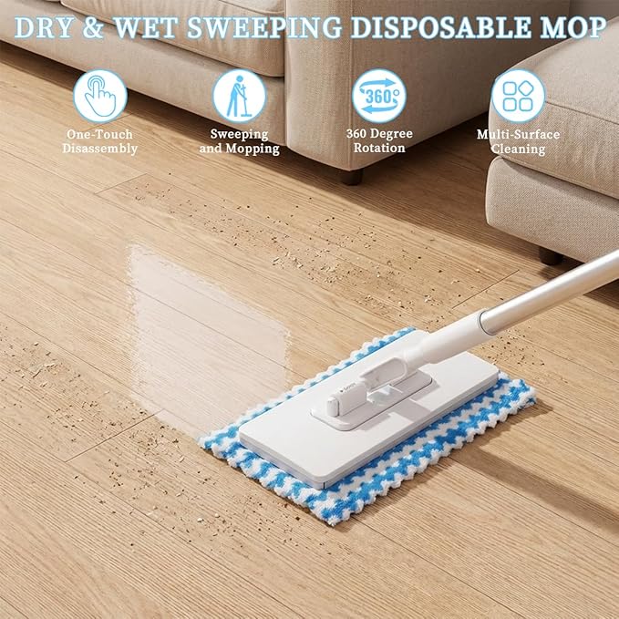Snap Grip Mini Mop, Zero Touch MiniMop, Disposable Clip Mopstick Reusable Cloths