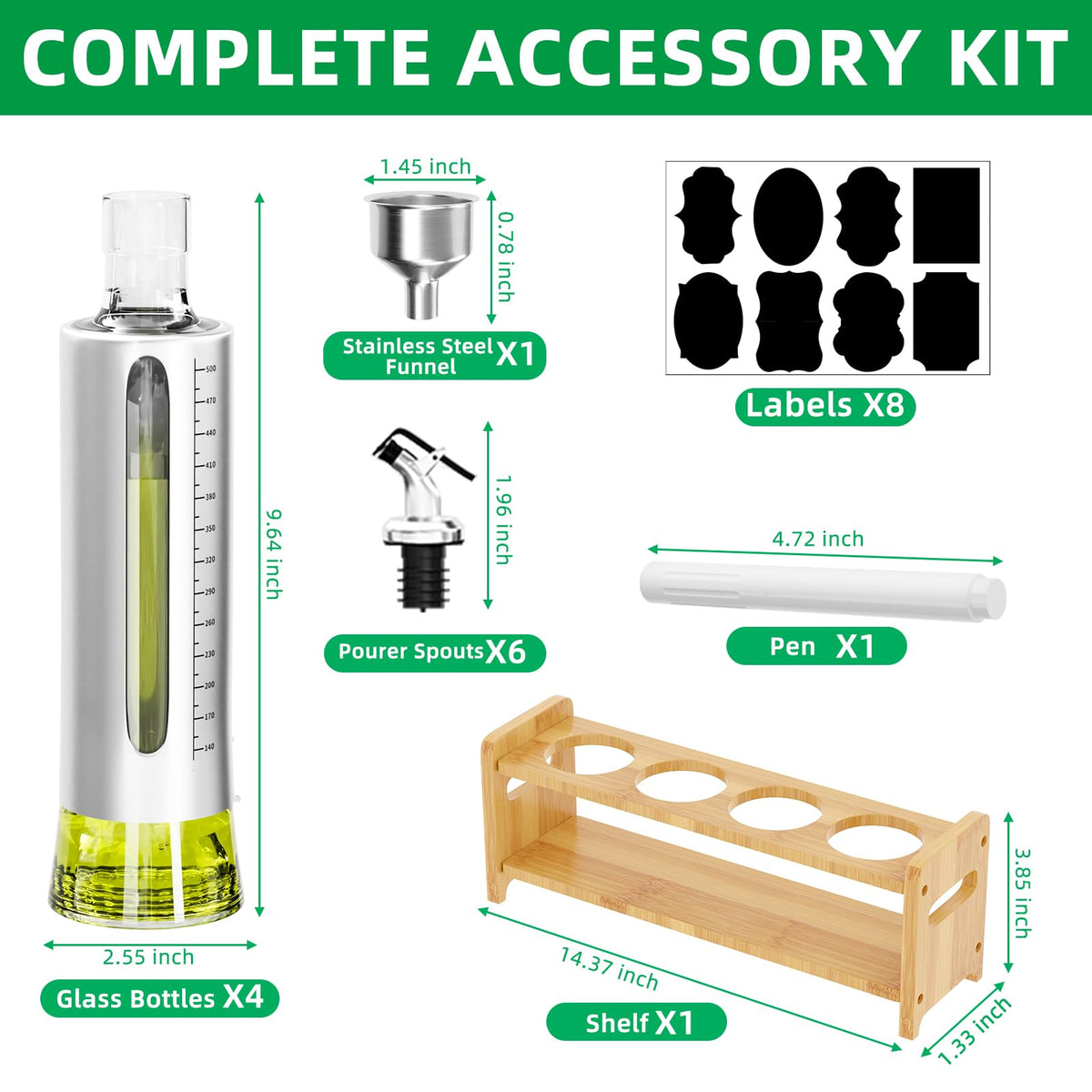 SINYWAY Oil Dispenser Bottle, 4 Pack Glass Olive Oil Dispenser Bottle with Shelf, 17oz/500 ml Oil and Vinegar Dispenser Set Wrapped in Stainless Steel Shell with Pourers, Funnel & Pen and Tags