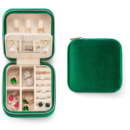 ZPROW Plush Velvet Travel Jewelry Case, Organizer, Box, Small Case for Women, Earring Organizer with Mirror, Best Gifts For Daughter, Girlfriend, Mom | Gifts For Her - Emerald Green