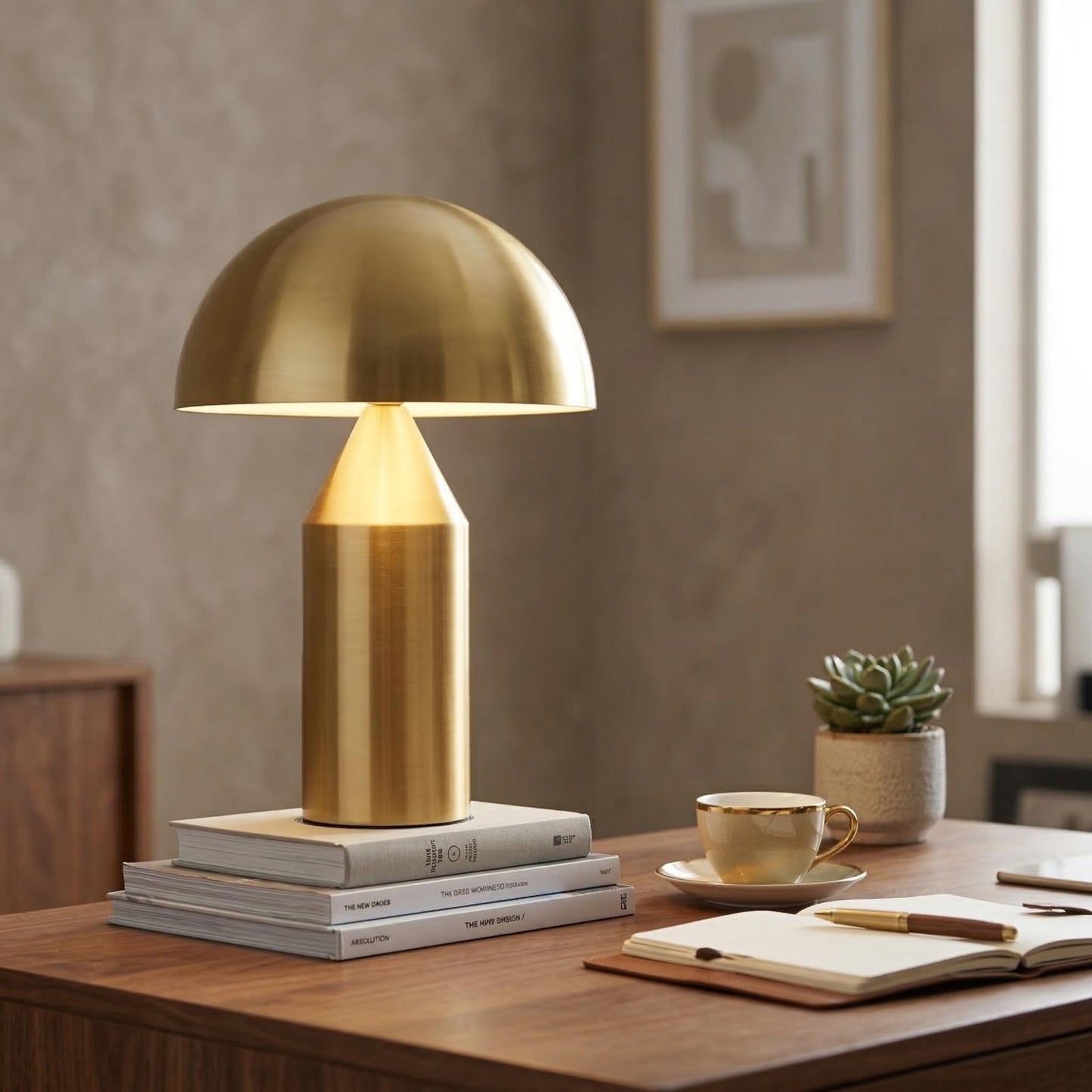 Brightech Venus Mushroom Table Lamp - Modern Lamp for Living Room, Bedroom Side/End Table - Dimmable, Unique Side Table LED Lamp Shade for Office, Reading - Brass/Gold, 14" Tall