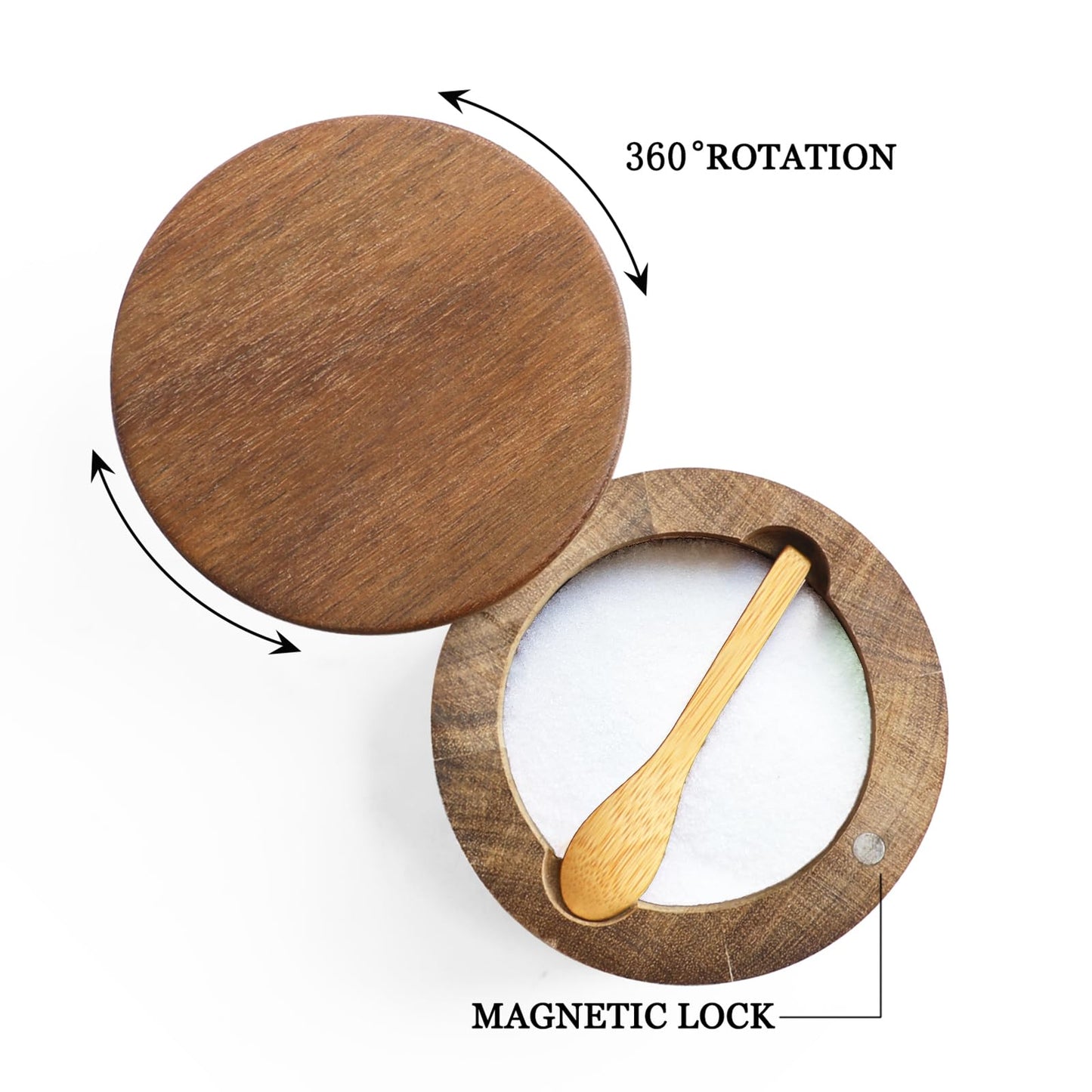 Acacia Wood Spice Box with Swivel Lid and Built-in Spoon for Kitchen Countertop, Farmhouse Kitchen Decoror for Storing Salt, Peppers, Sugar or Seasonings (Labeled “SALT”)