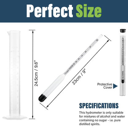 Alcohol Meter Spirit Meter 0-100% Measures Alcohol in Distilled Spirit Hydrometer 23cm Including 100ml Trial Sampling Jar