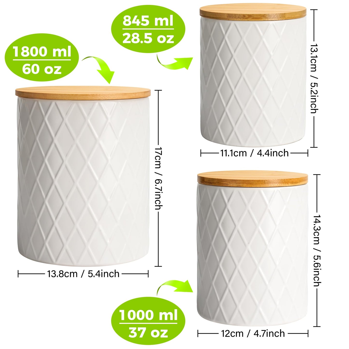 MIAMIO – Set of 3 Canister Sets for Kitchen Counter, Ceramic Kitchen Canister Set with Airtight Seal Wooden Lid - Perfect for Coffee, Tea, Sugar, Flour, Tea, Salt and More
