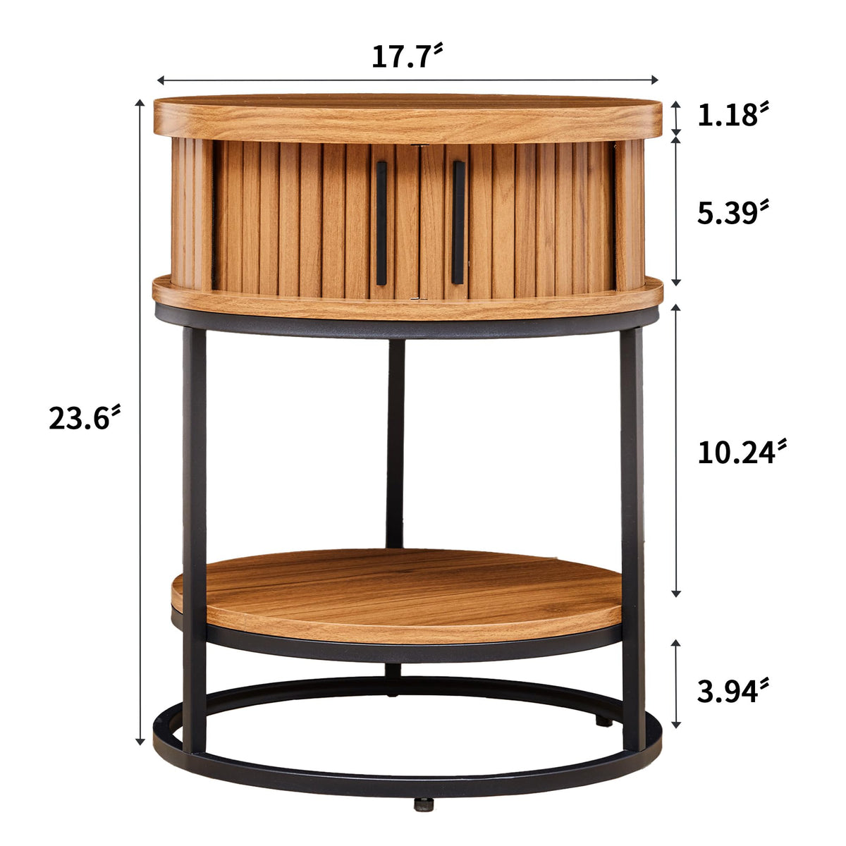 Turtle&Myrtle Small Round Side Table with Storage, 2-Tier Wooden End Table with Sliding Door and Shelf, Mid-Century Circle Nightstand for Living Room, Bedroom, Walnut, 2PC