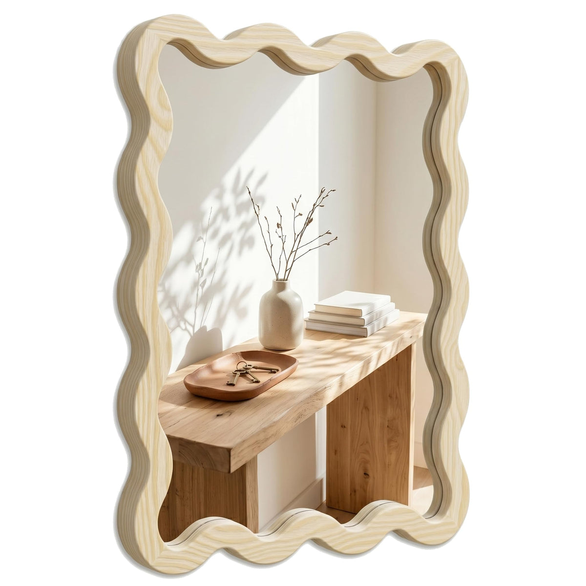 Pocetry 22"x30" Wood Wavy Wall Mirror for Powder Room, Solid Wood Squiggle Mirror for Vanity, Small Asymmetrical Irregular Mirror, Natural Wooden Boho Aesthetic Decor